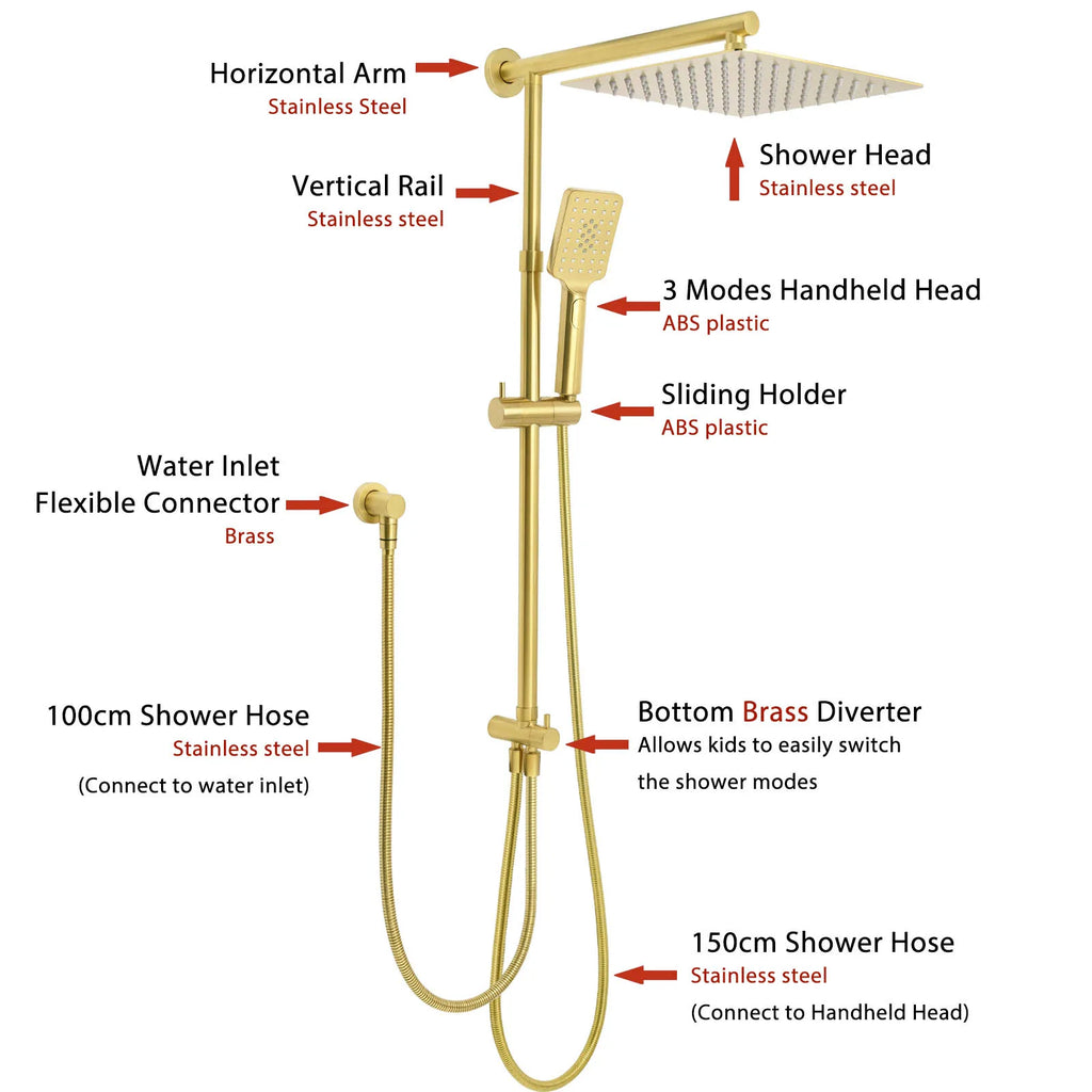 Brushed Gold Square Rain Shower Set with Sliding Rail