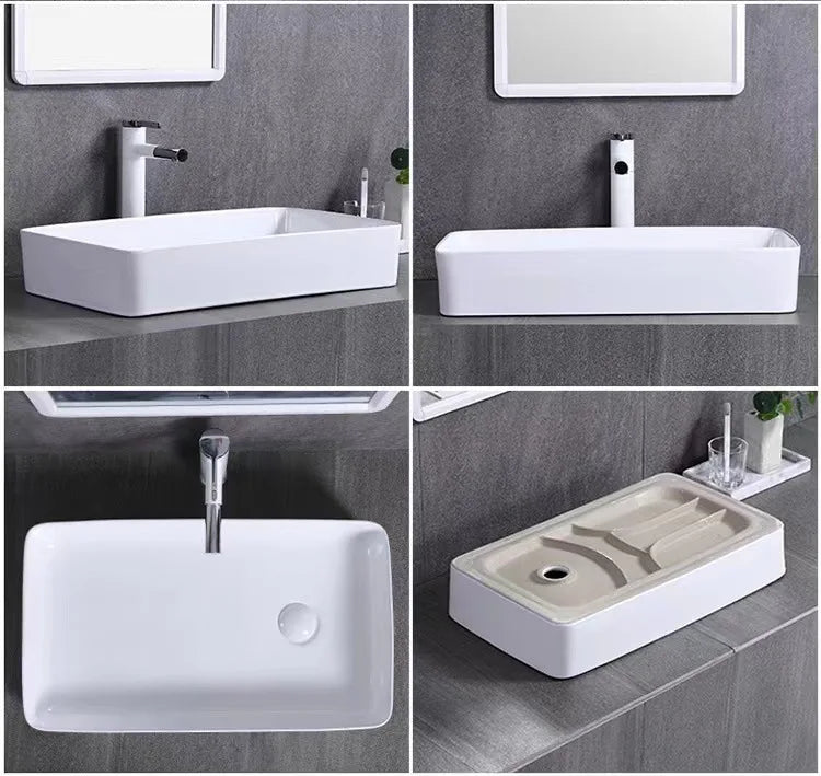 Square White Ceramic Countertop Basin – Multi-Size Vanity Sink
