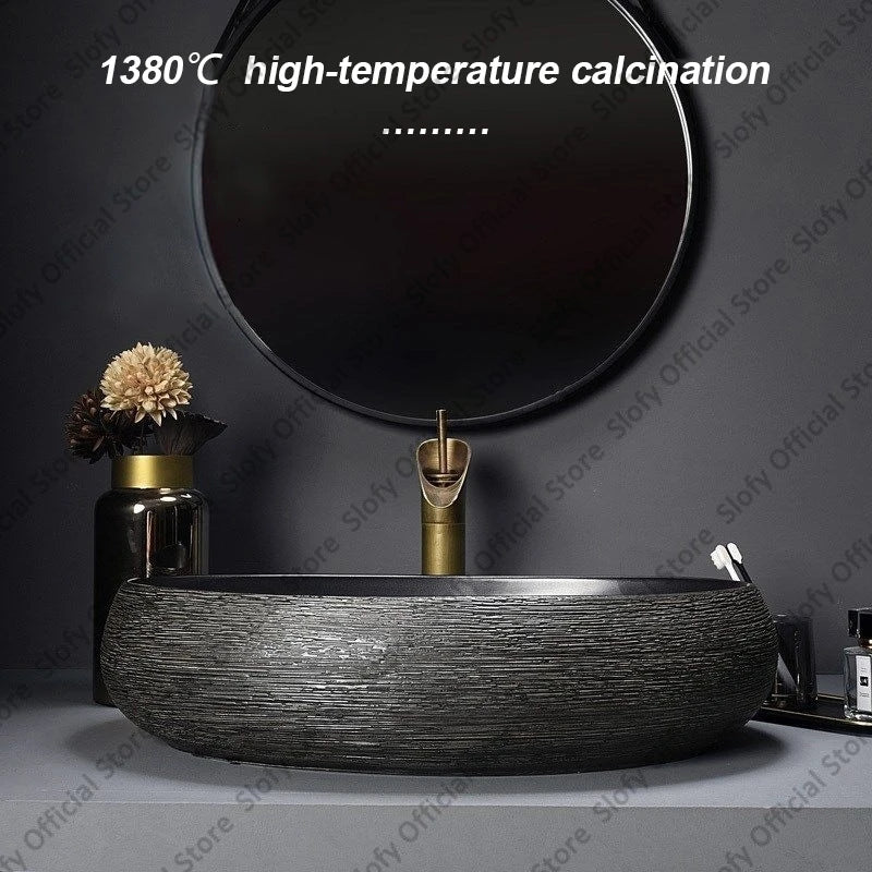 Retro Art Ceramic Countertop Basin – Black Single Bowl Luxury Sink
