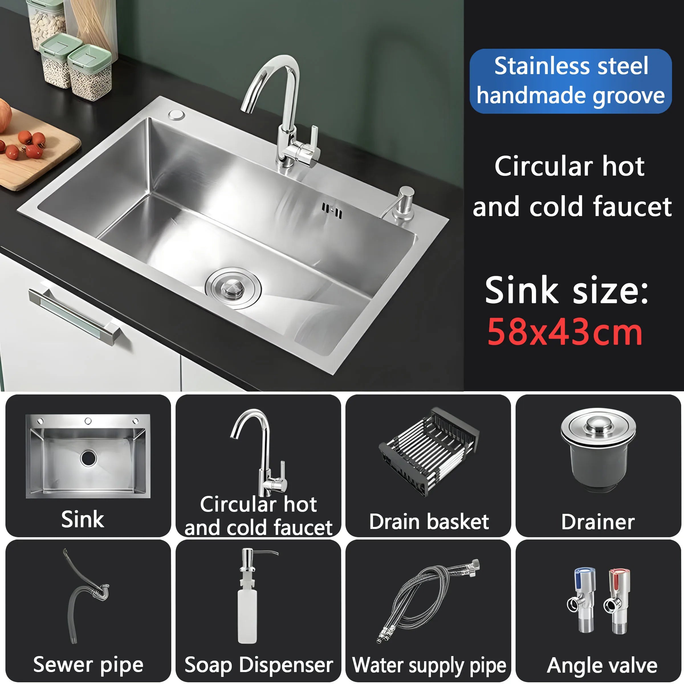 Stainless Steel Farmhouse Kitchen Sink – Single Bowl with Faucet & Drain