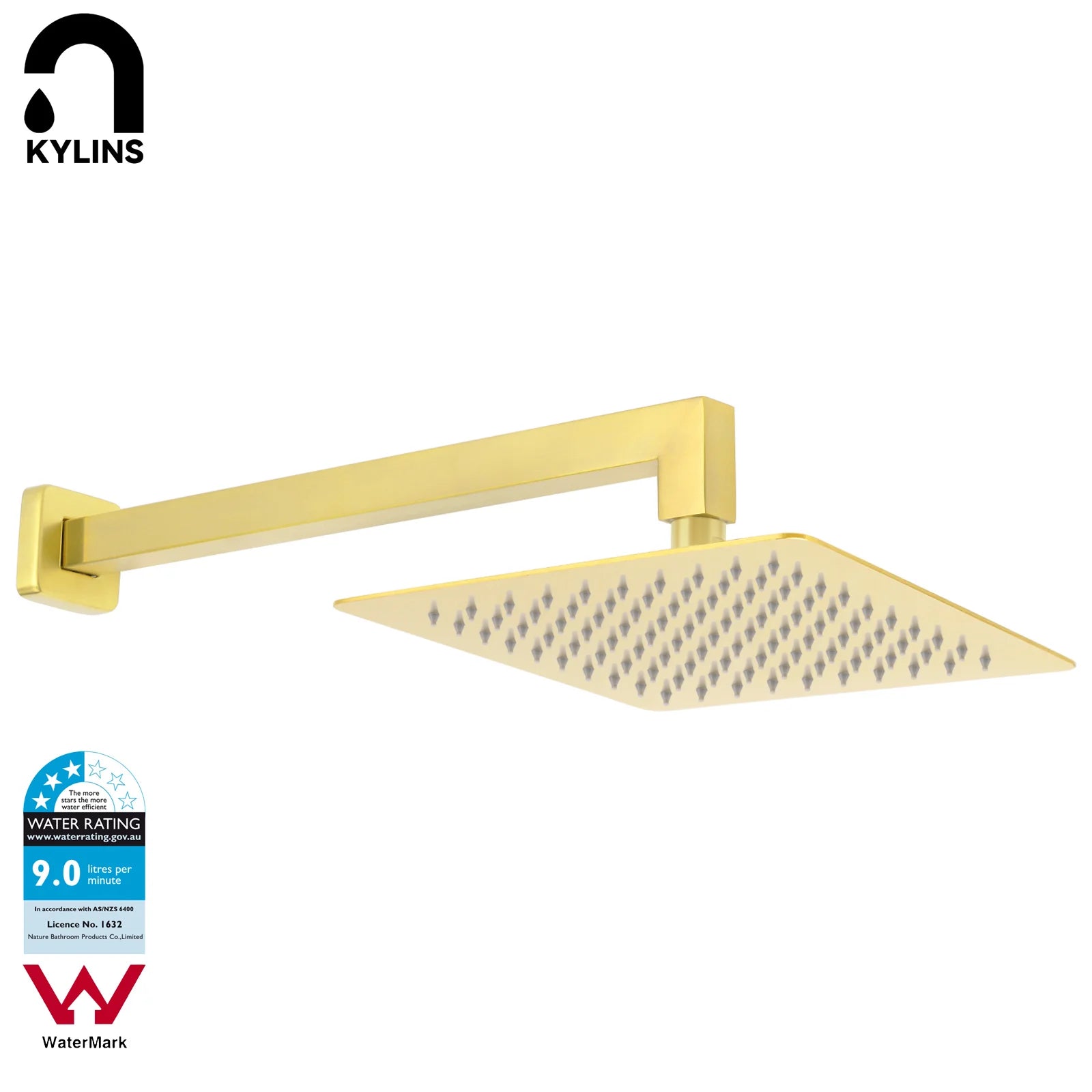 Brushed Gold Square Rain Shower Head with Wall Arm