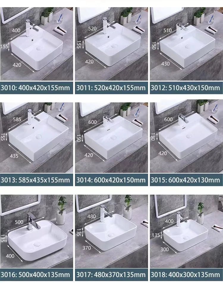 Square White Ceramic Countertop Basin – Multi-Size Vanity Sink