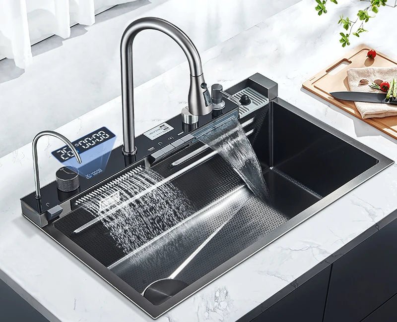 Stainless Steel Kitchen Sink with Faucet – Digital Display & 5-Function Waterfall System