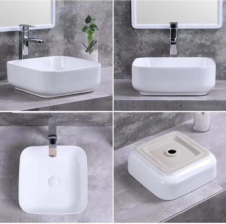 Square White Ceramic Countertop Basin – Multi-Size Vanity Sink