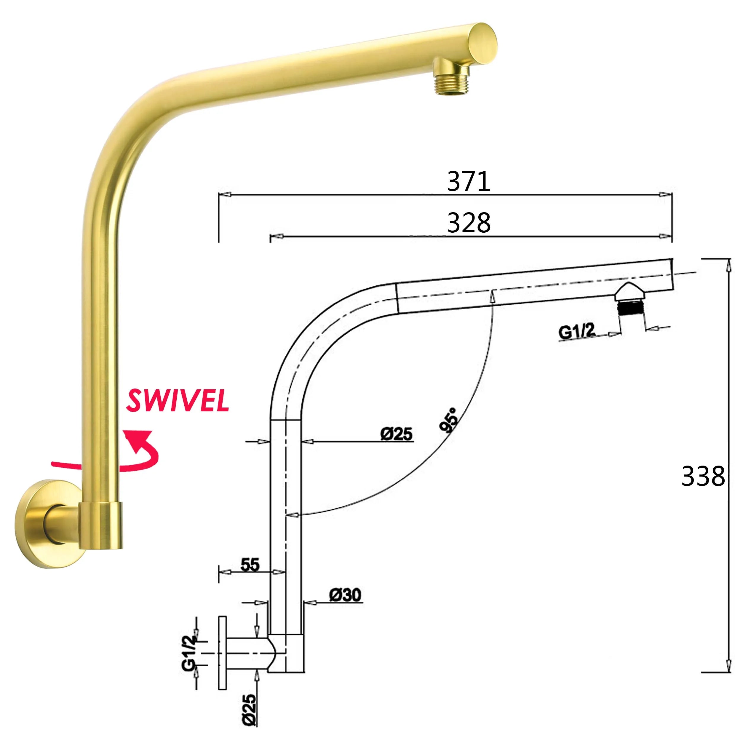 Brushed Gold Round Rain Shower Head with Swivel Gooseneck Arm