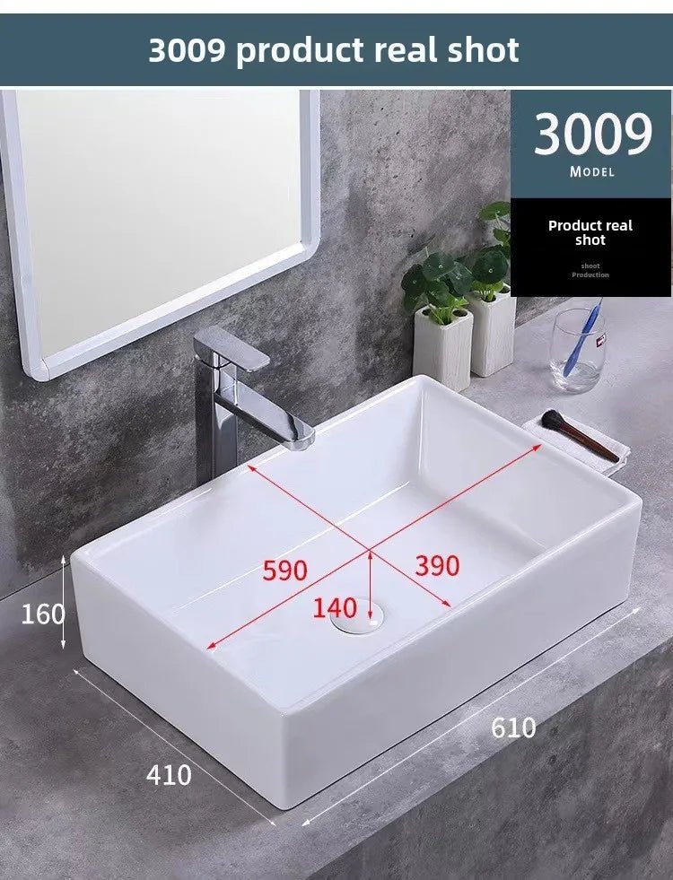 Square White Ceramic Countertop Basin – Multi-Size Vanity Sink