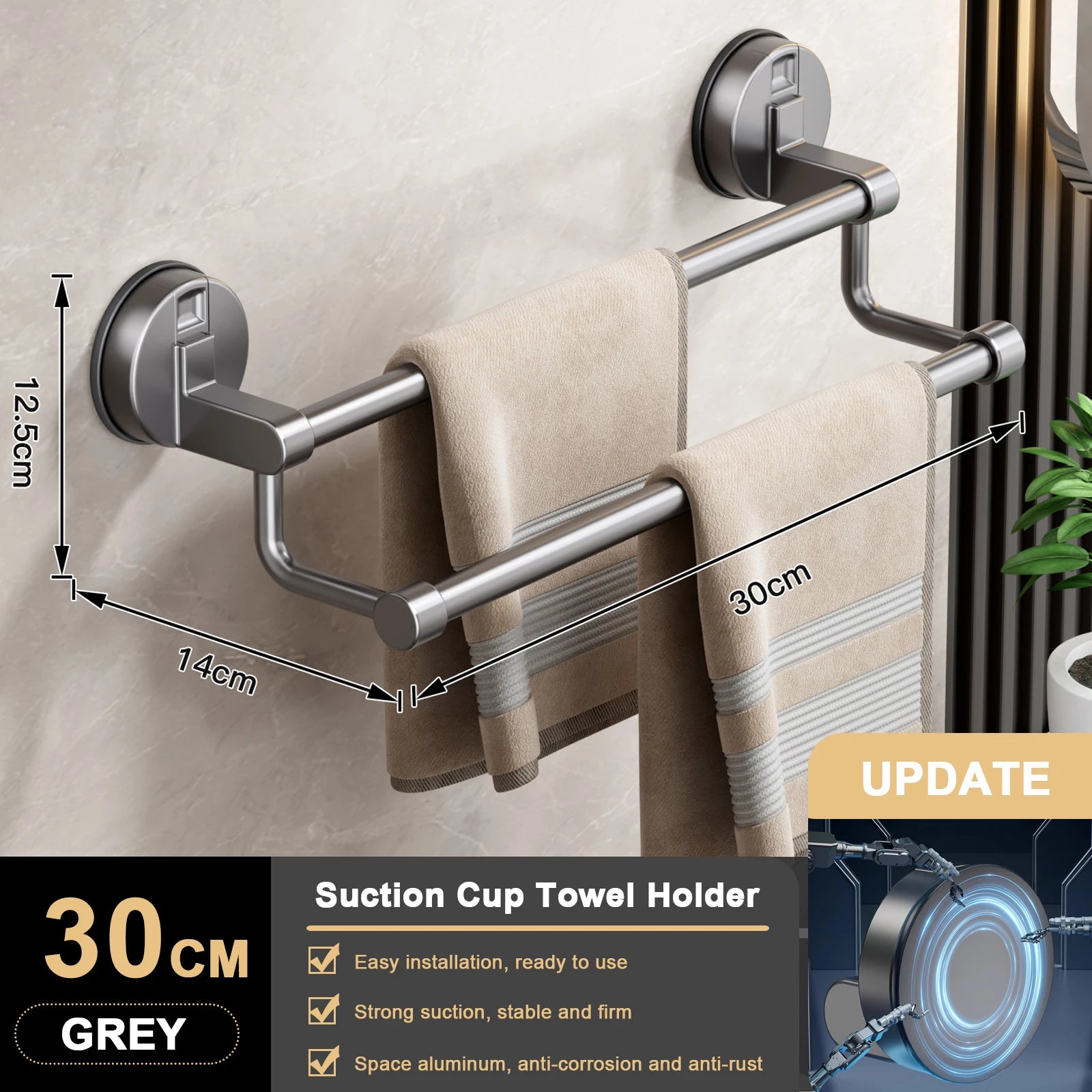 Suction Cup Double Towel Bar (No-Drill Wall Mount)