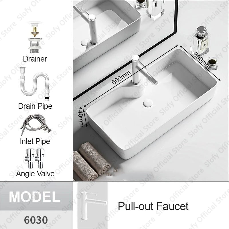 Modern White Ceramic Bathroom Basin – Luxury Multi-Size Artistic Sink