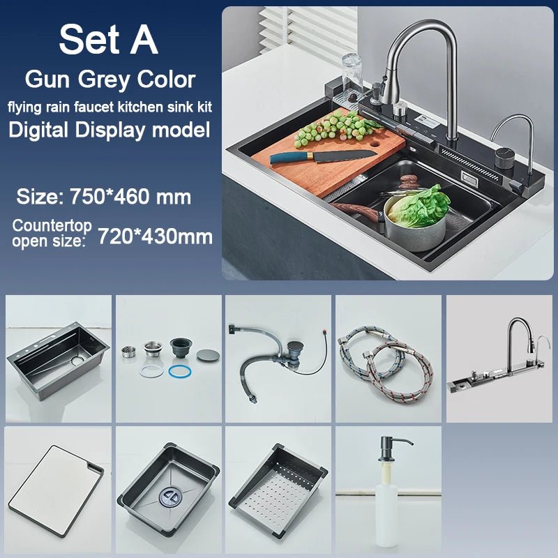 Stainless Steel Kitchen Sink with Faucet – Digital Display & 5-Function Waterfall System