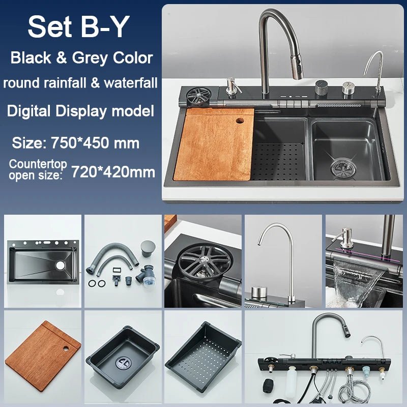 Stainless Steel Kitchen Sink with Faucet – Digital Display & 5-Function Waterfall System