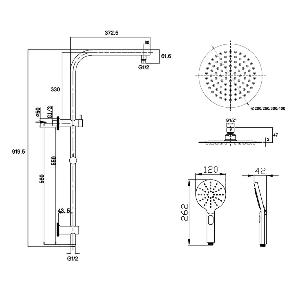 Brushed Gold Round Rain Shower Set with Sliding Rail