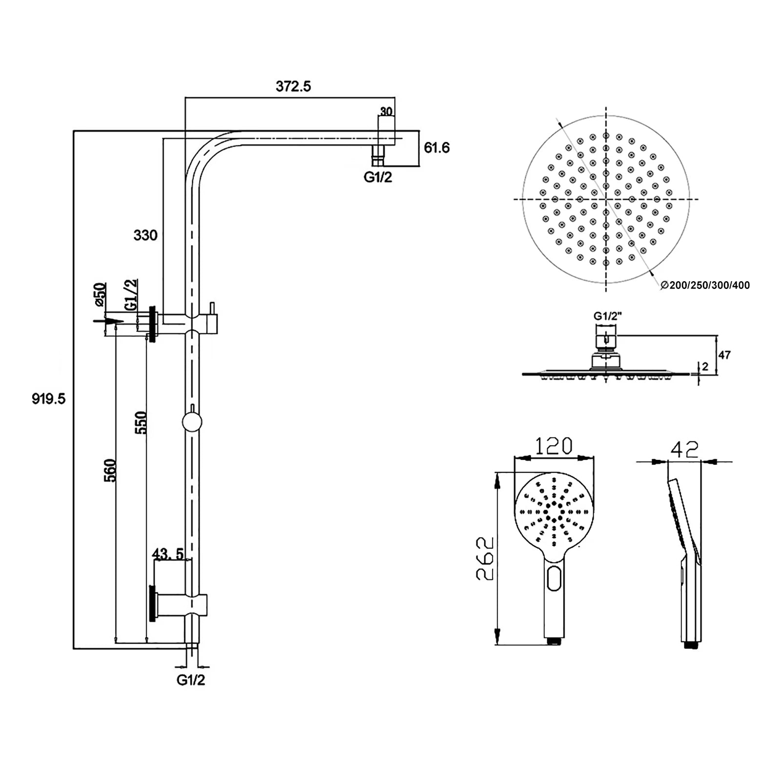 Brushed Gold Round Rain Shower Set with Sliding Rail