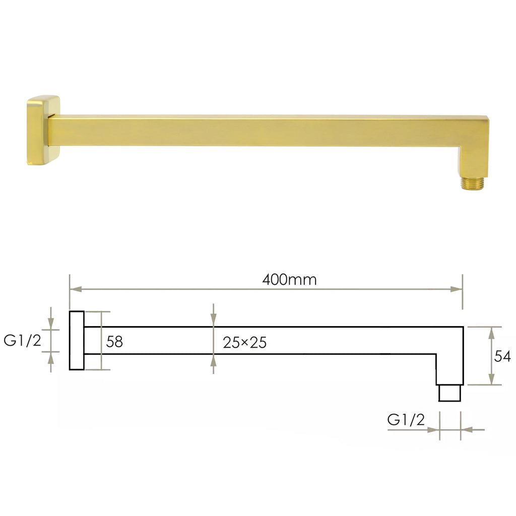 Brushed Gold Square Rain Shower Head with Wall Arm