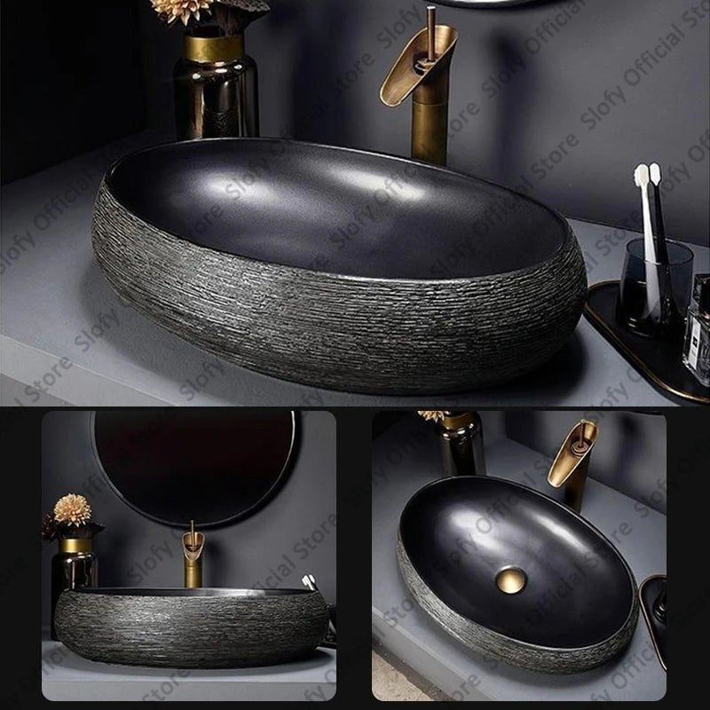 Retro Art Ceramic Countertop Basin – Black Single Bowl Luxury Sink