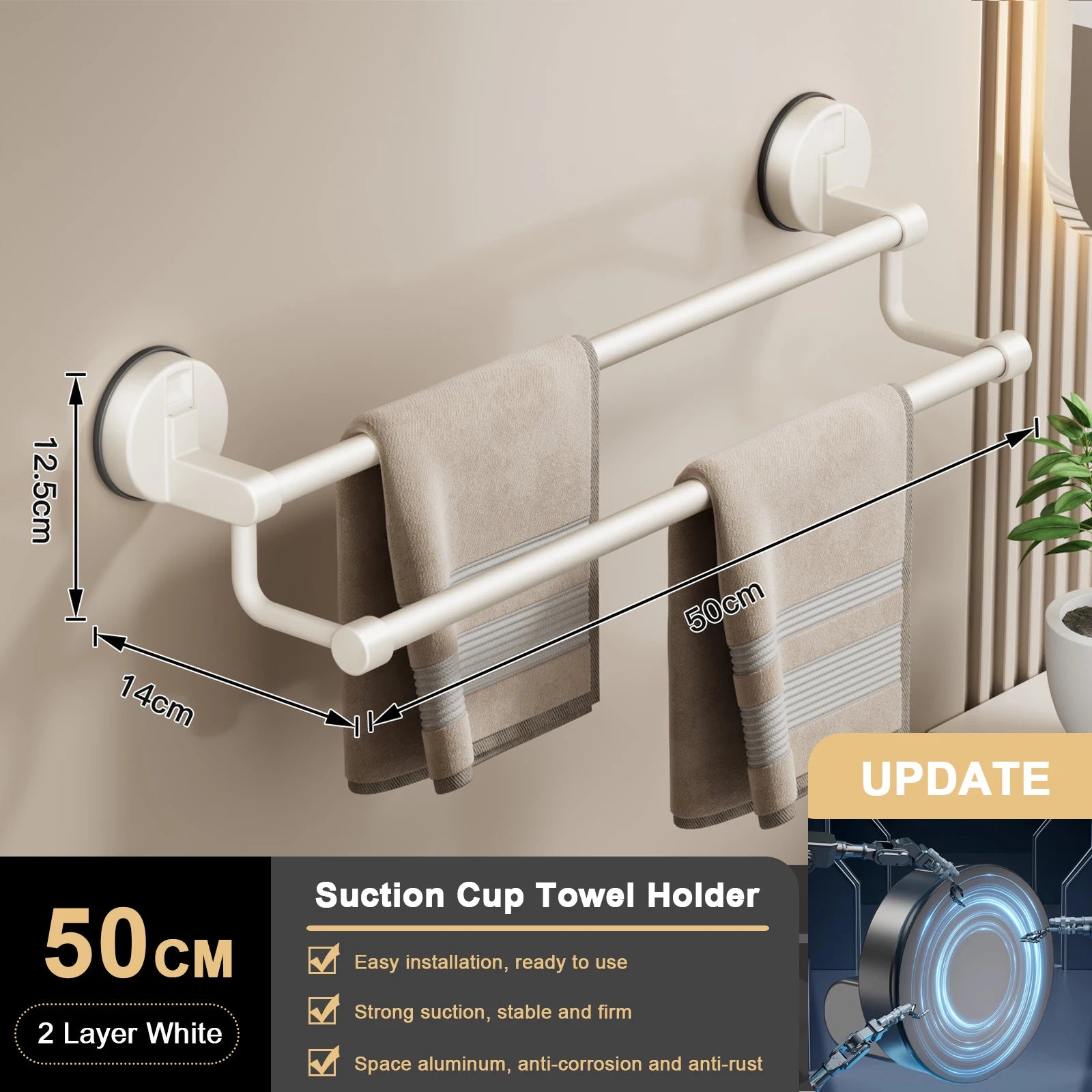 Suction Cup Double Towel Bar (No-Drill Wall Mount)