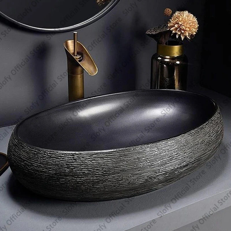 Retro Art Ceramic Countertop Basin – Black Single Bowl Luxury Sink