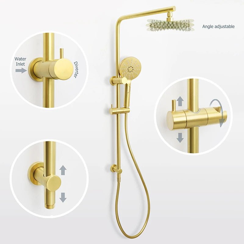 Brushed Gold Round Rain Shower Set with Sliding Rail
