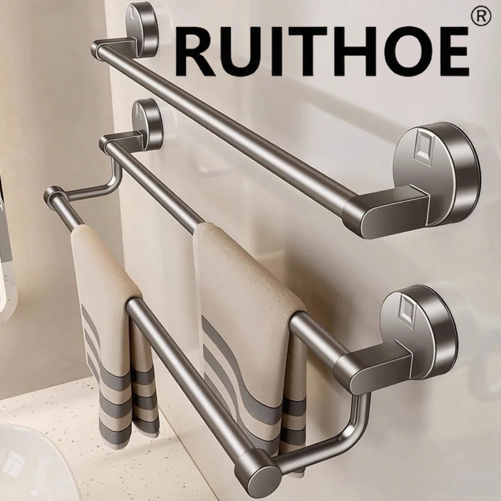 Suction Cup Double Towel Bar (No-Drill Wall Mount)