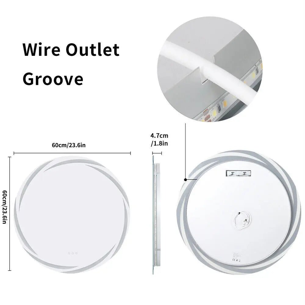 LED Round Bathroom Mirror – Whirlwind Pattern, Dimmable, Anti-Fog (60/80cm)
