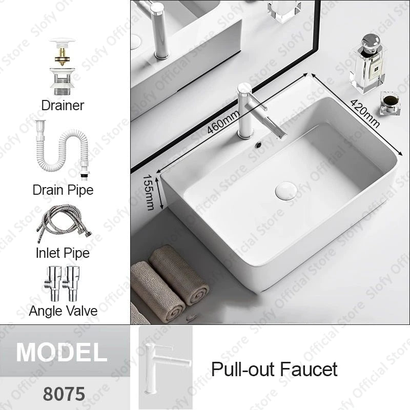 Modern White Ceramic Bathroom Basin – Luxury Multi-Size Artistic Sink