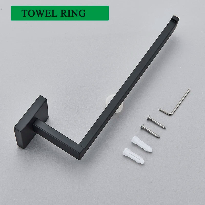 Matte Black Bathroom Accessories Set – Wall Shelf, Towel Rail, Hooks & Toilet Roll Holder