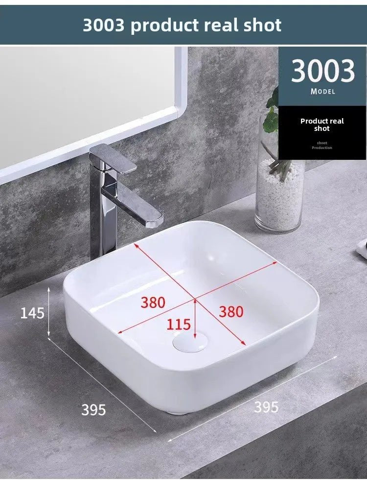 Square White Ceramic Countertop Basin – Multi-Size Vanity Sink