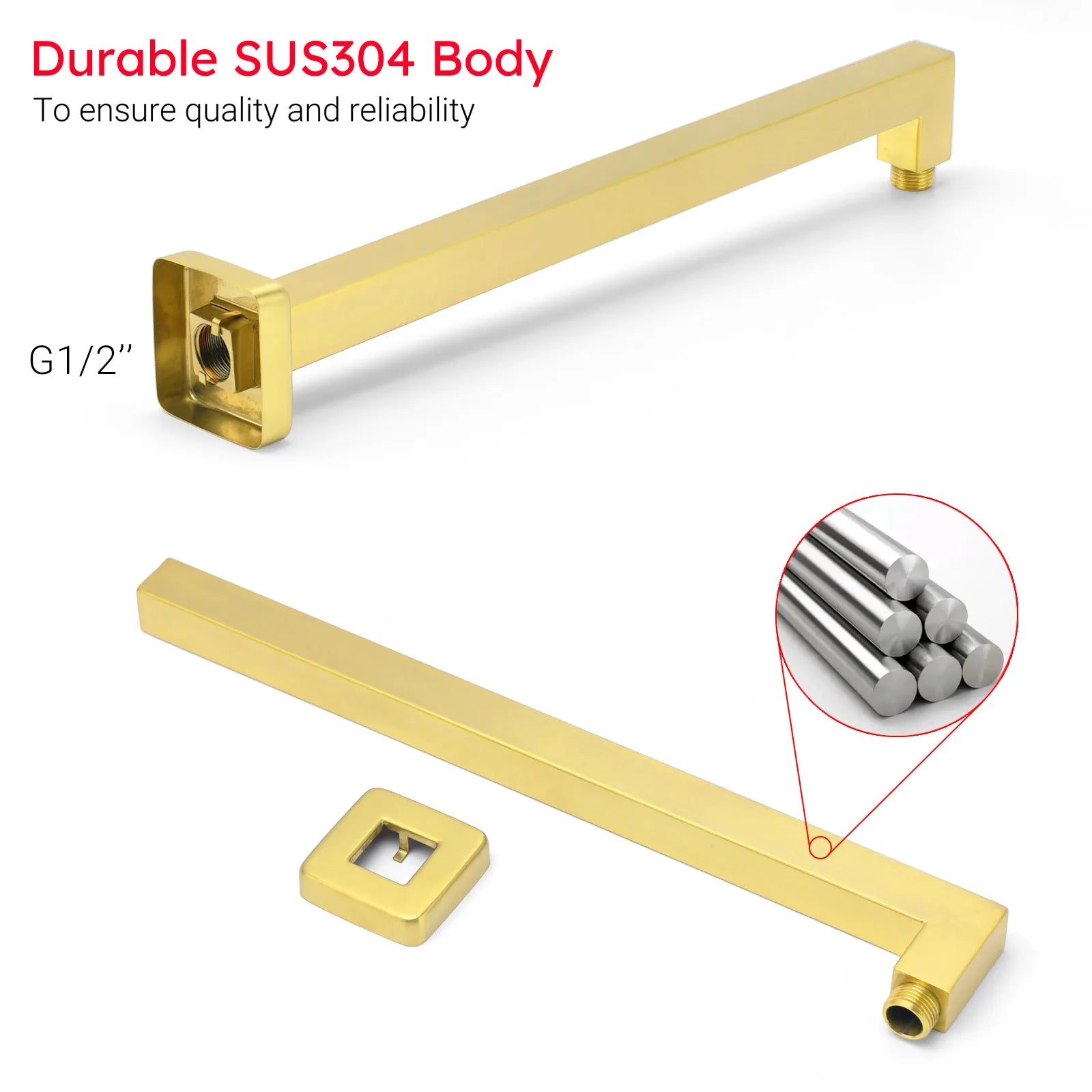 Brushed Gold Square Rain Shower Head with Wall Arm