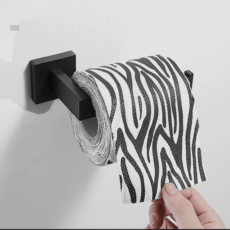 Matte Black Bathroom Accessories Set – Wall Shelf, Towel Rail, Hooks & Toilet Roll Holder