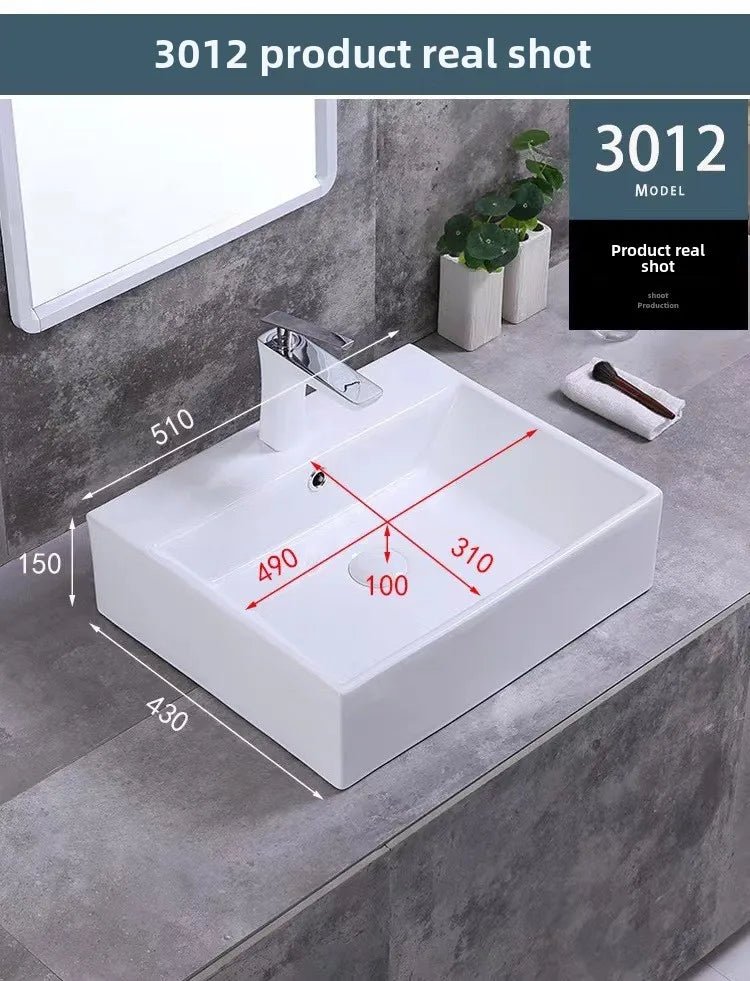 Square White Ceramic Countertop Basin – Multi-Size Vanity Sink