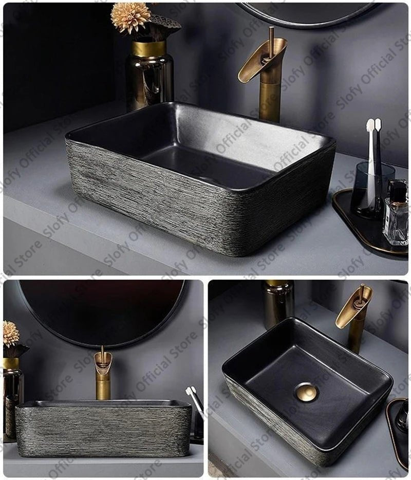 Retro Art Ceramic Countertop Basin – Black Single Bowl Luxury Sink