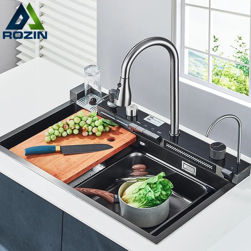 Stainless Steel Kitchen Sink with Faucet – Digital Display & 5-Function Waterfall System