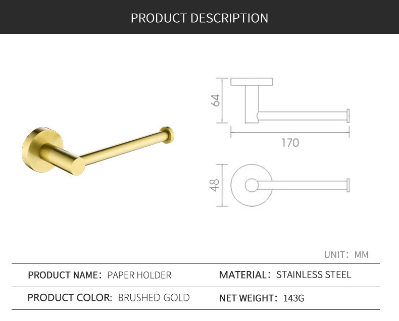 Gold Brushed Bathroom Hardware Set – Wall-Mounted Holders & Accessories