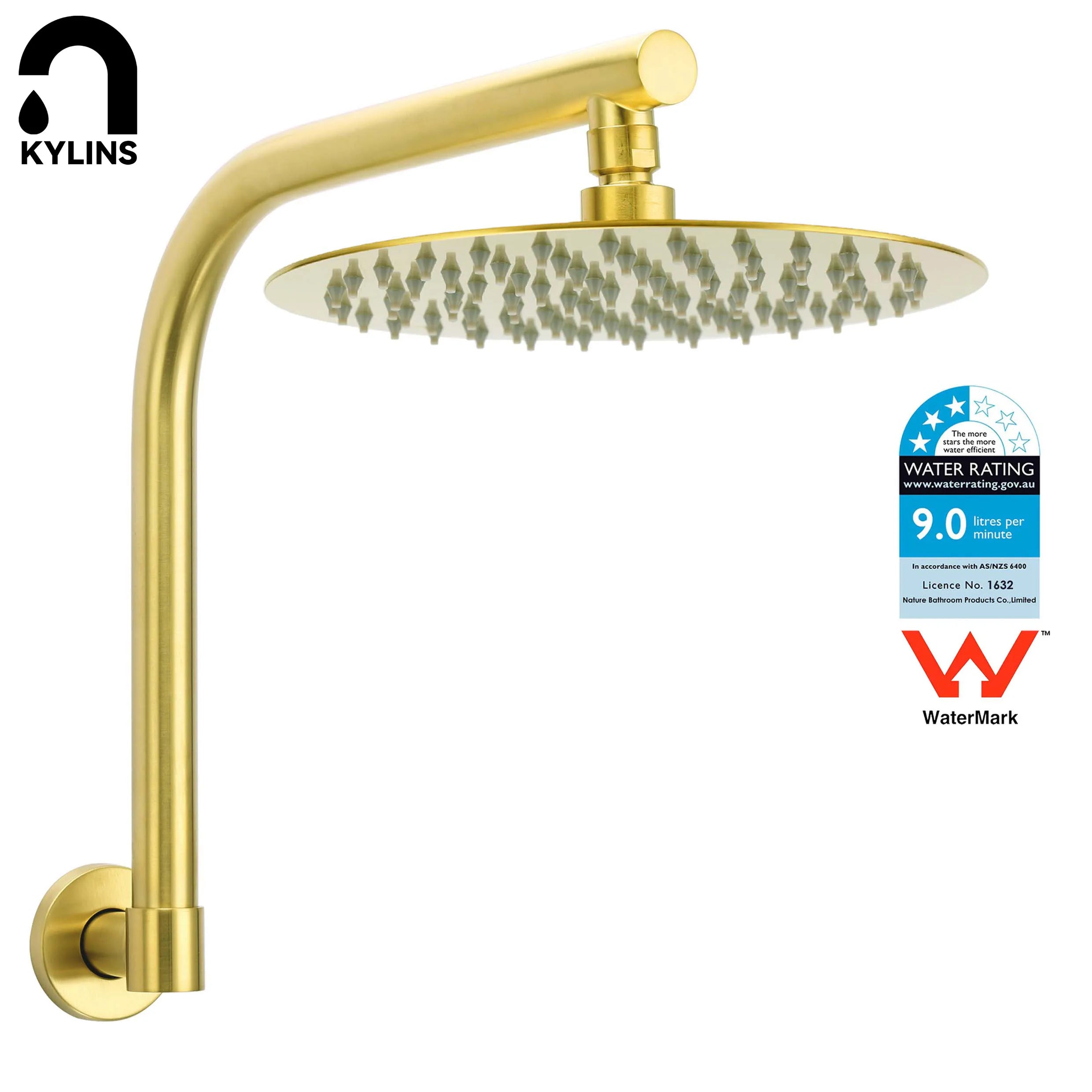 Brushed Gold Round Rain Shower Head with Swivel Gooseneck Arm