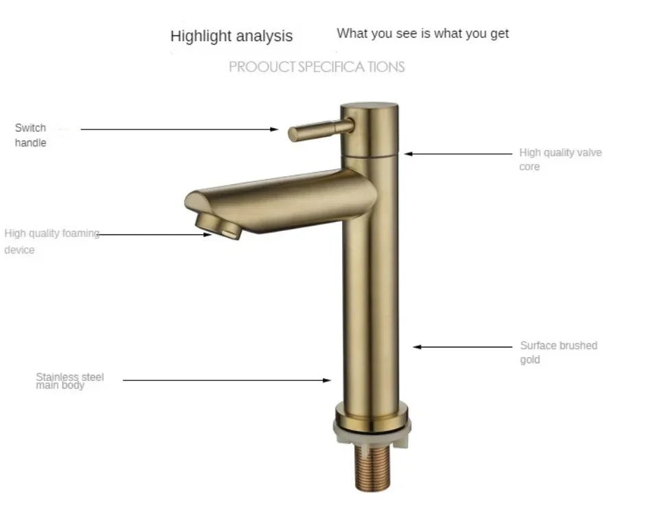 Brushed Gold Waterfall Basin Faucet – Single Cold Water Stainless Steel Tap