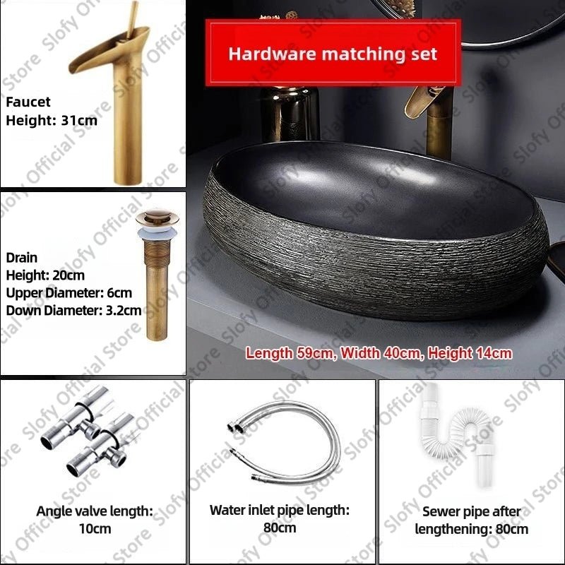 Retro Art Ceramic Countertop Basin – Black Single Bowl Luxury Sink