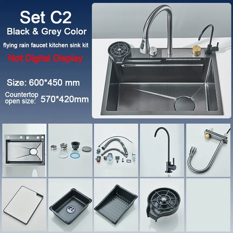 Stainless Steel Kitchen Sink with Faucet – Digital Display & 5-Function Waterfall System
