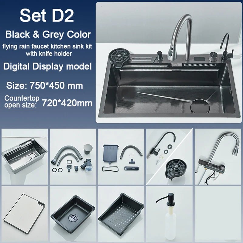 Stainless Steel Kitchen Sink with Faucet – Digital Display & 5-Function Waterfall System