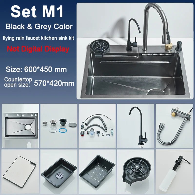 Stainless Steel Kitchen Sink with Faucet – Digital Display & 5-Function Waterfall System