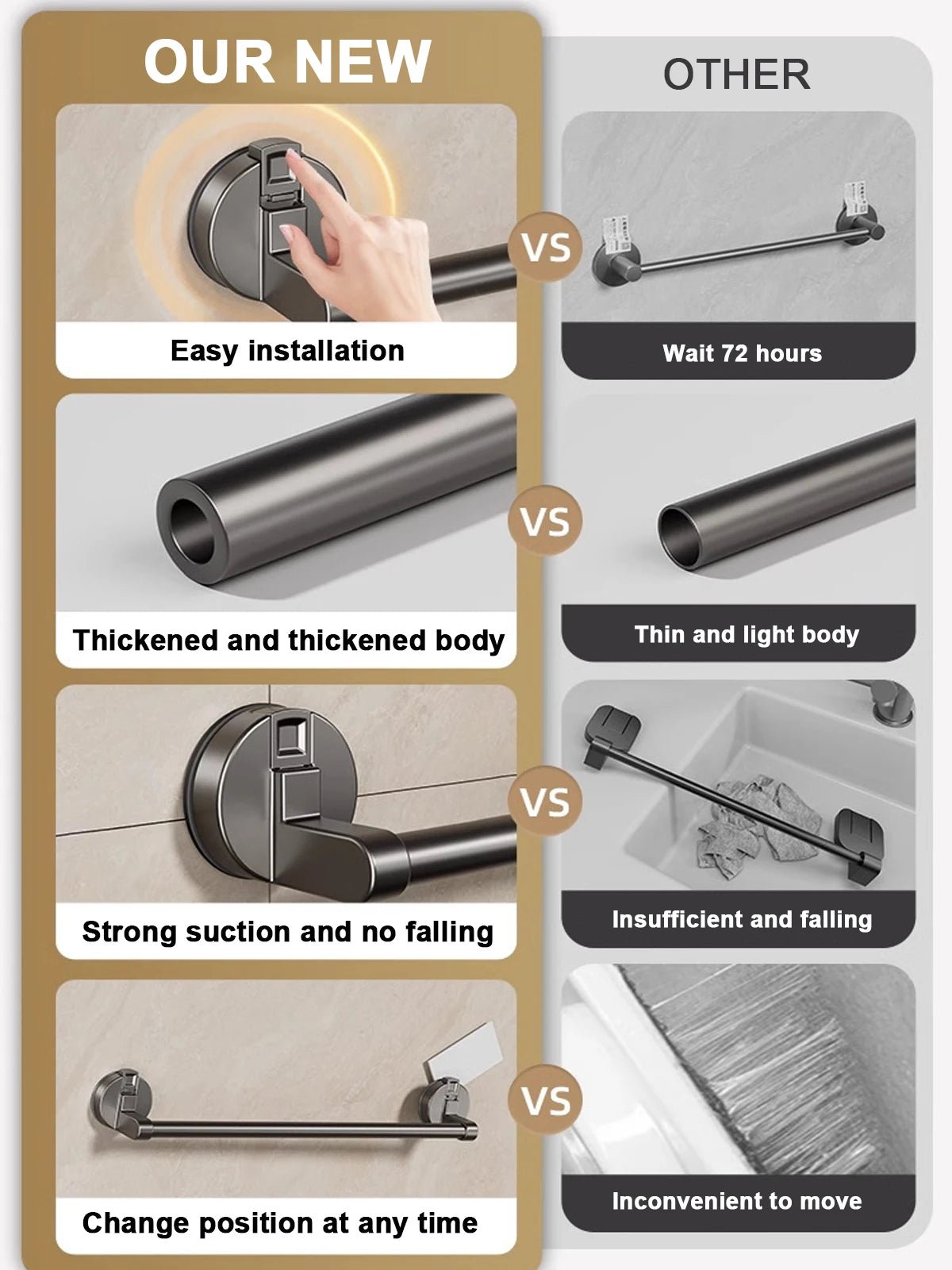 Suction Cup Double Towel Bar (No-Drill Wall Mount)