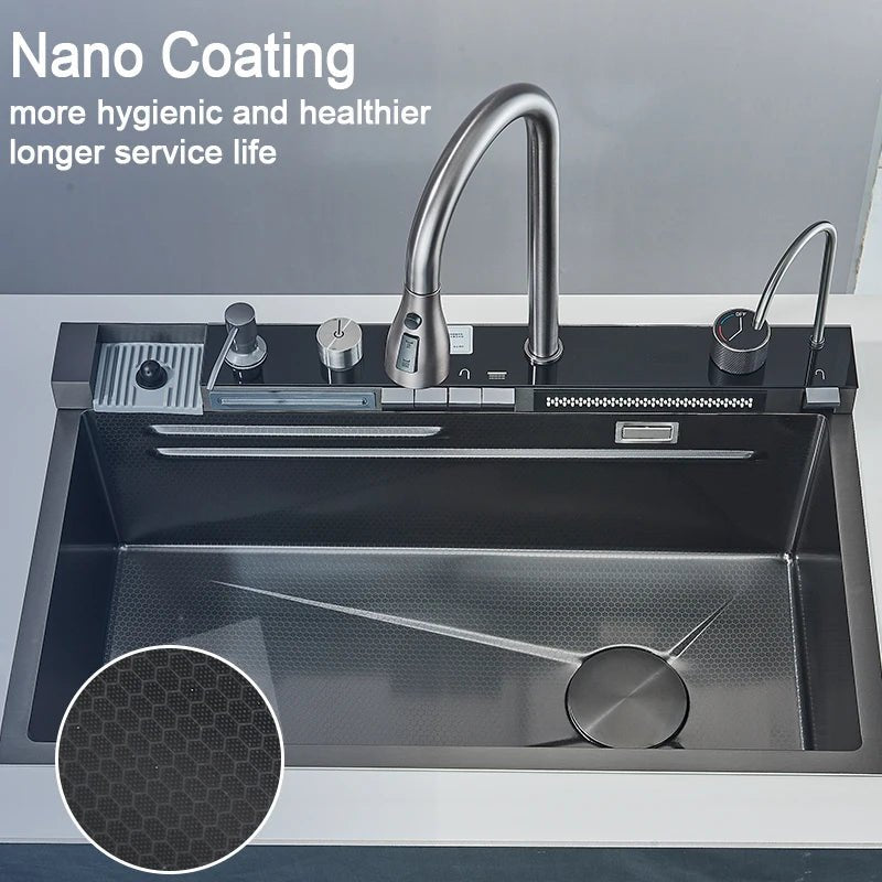 Stainless Steel Kitchen Sink with Faucet – Digital Display & 5-Function Waterfall System