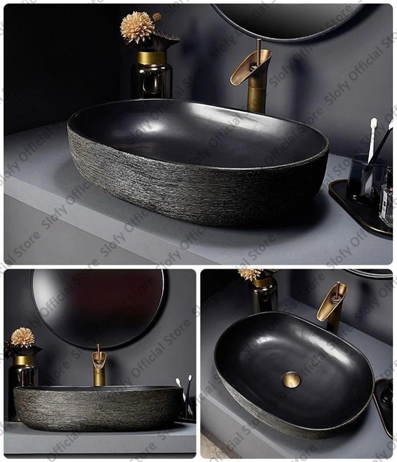 Retro Art Ceramic Countertop Basin – Black Single Bowl Luxury Sink