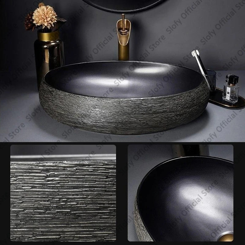 Retro Art Ceramic Countertop Basin – Black Single Bowl Luxury Sink